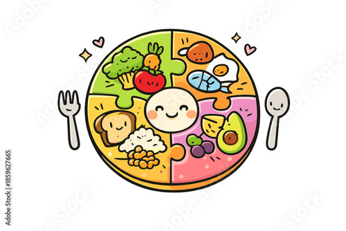 Balanced Nutrient Puzzle. Doodle-style vector icon of a completed culinary health puzzle, all nutrient segments perfectly