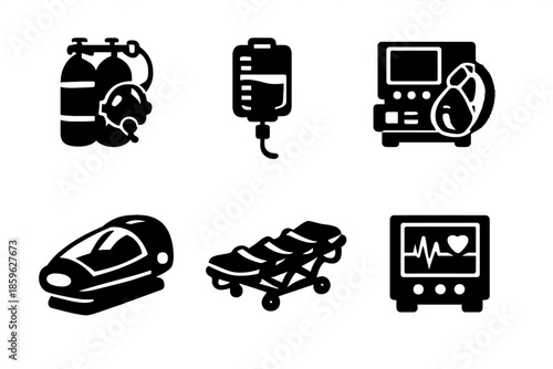Life Support Icons. Solid vector icons of life support systems: oxygen tank, IV bag, respirator, medical pod, space stretcher, bio