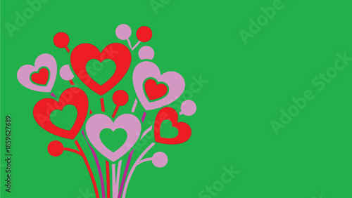 Whimsical bouquet of colorful hearts on a vibrant green background