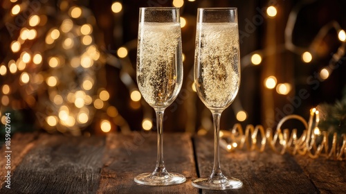 Two elegant champagne flutes filled with bubbly drink, set against a backdrop of twinkling fairy lights, creating a festive atmosphere.