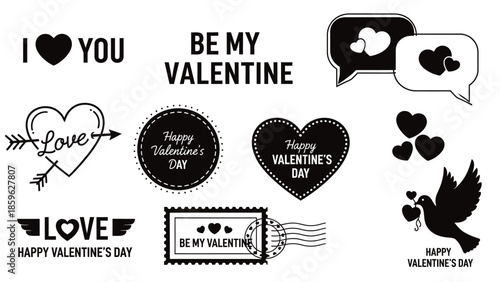 Collection of romantic Valentine's Day graphics with hearts, love messages, and a dove.