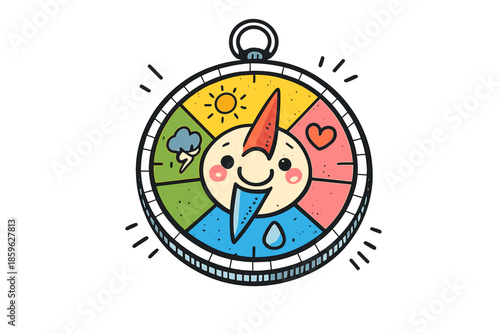 Emotional Compass Doodle. Doodle-style vector icon of a mental navigation tool, compass divided into emotional zones, smiling