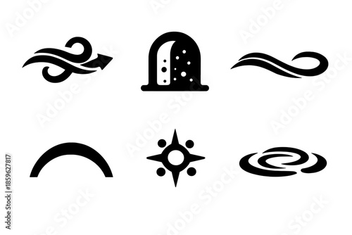 Serene Motion Icons. Solid style icons of Serene Motion: wind loop, dust gate, flowing thread, soft arc, luminous node, gentle