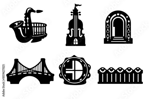 Melodic Architecture Icons. Solid style icons of Melodic Architecture: saxophone balcony, cello tower, flute doorway, harp bridge,