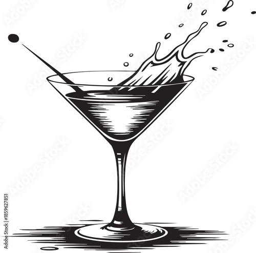 Black and white illustration of a martini glass with splashing drink and cocktail stirrer on white background