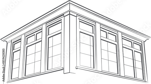 Modern architectural window corner vector, technical sketch of a building facade with large glass panes and sleek frames
