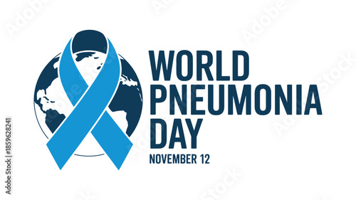 World Pneumonia Day Awareness Design with Blue Ribbon and Global Map, November 12
