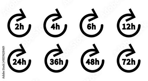 Pack de iconos de indicadores de tiempo y duración. Ciclos horarios, rotación temporal y periodos de espera definidos. Diseño vectorial lineal