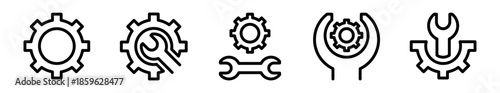 Pack de iconos de configuración y mantenimiento. Engranajes técnicos, ajustes del sistema, herramientas de soporte y control operativo. Diseño vectorial lineal
