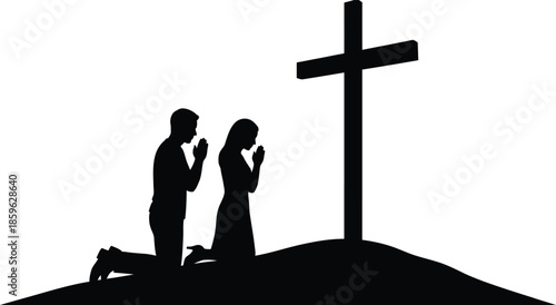 Prayer at the Cross Silhouette Vector Illustration on White Background