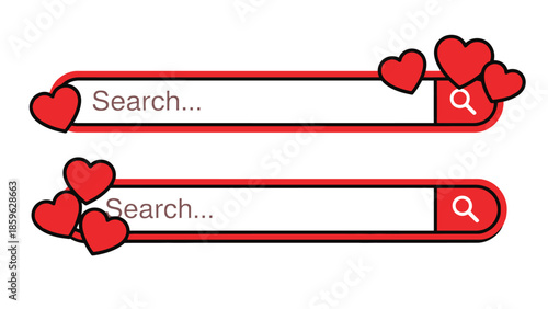 Romantic search bars adorned with vibrant red hearts, symbolizing love and connection.