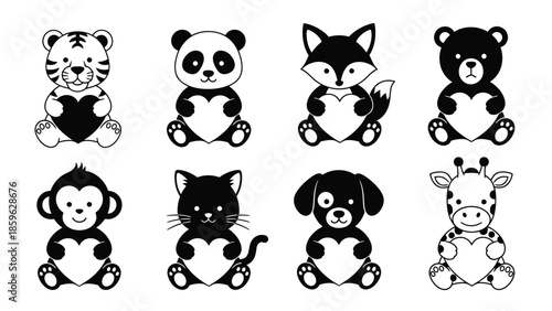 Adorable cartoon animals holding hearts, perfect for expressing love and affection