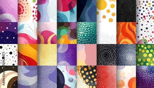 Assortment of diverse, abstract digital art backgrounds featuring circles, dots, and textures