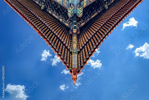 A close-up view of the intricate eaves of the Forbidden City in Beijing, showcasing traditional Chinese architectural design under a bright blue sky.