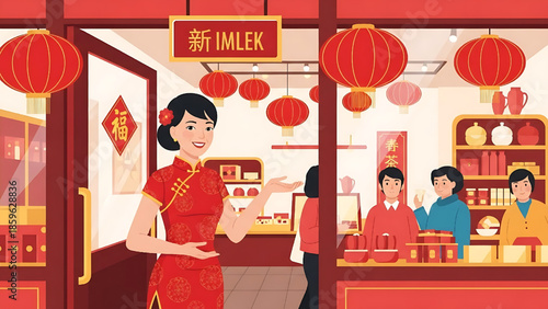 Welcoming host invites shoppers into a vibrant store adorned with traditional lanterns and festive decorations for an Asian cultural holiday celebration