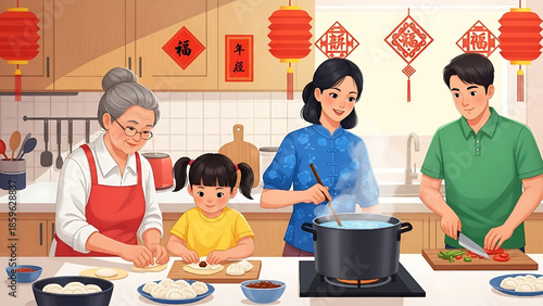 Family preparing traditional Chinese dumplings together during Lunar New Year celebrations