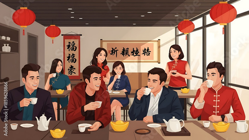 Joyful gathering of diverse friends and family celebrating Chinese New Year with traditional tea and auspicious decorations in a festive setting