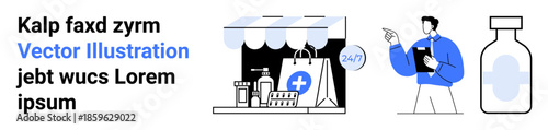E-commerce, healthcare, medicine delivery, pharmacies, online shopping, and remote services. A storefront with medical products, a doctor pointing and a pill bottle. E-commerce and healthcare