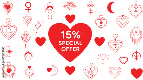 Heart-shaped special offer with celestial and romantic symbols