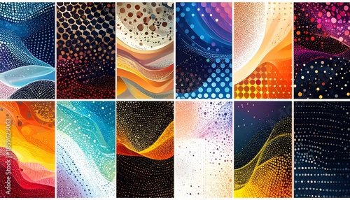 Set of twelve abstract colorful backgrounds with curved lines and dot patterns
