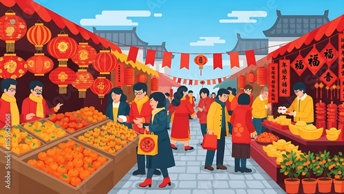 Vibrant Outdoor Market Celebrating Lunar New Year with Families Shopping Amidst Festive Lanterns and Traditional Goods
