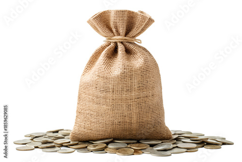 Burlap Money Bag with Coins Isolated on White