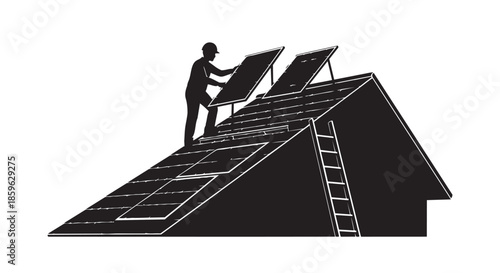 A worker installing solar panels on a residential rooftop for sustainable energy production