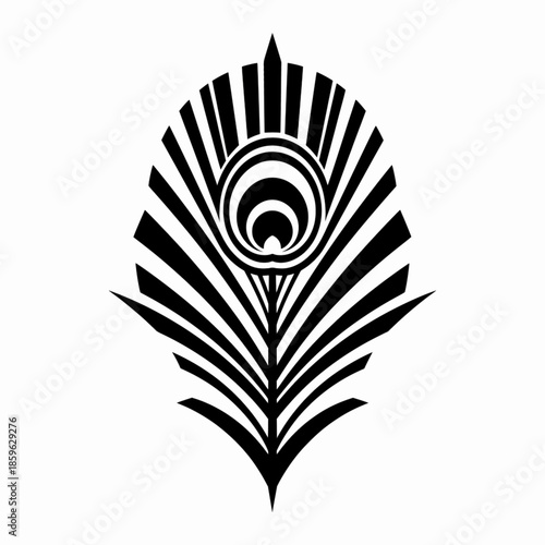 Elegant Art Deco peacock feather with geometric line art