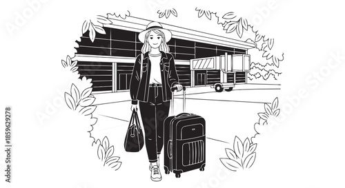 A stylish young woman traveler with her luggage outside a modern airport terminal