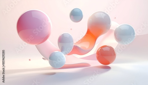 Abstract pastel composition with floating spheres and flowing forms in a gradient background