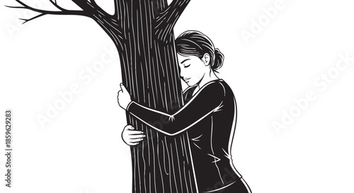 A woman embracing a tree with closed eyes, finding solace in nature's gentle hug