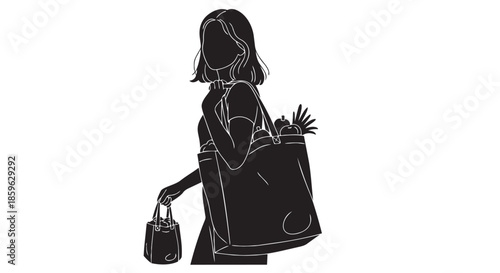 Woman carrying reusable bags filled with fresh groceries after a successful market trip