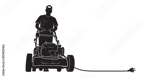Silhouette of a person operating an electric lawnmower with visible power plug