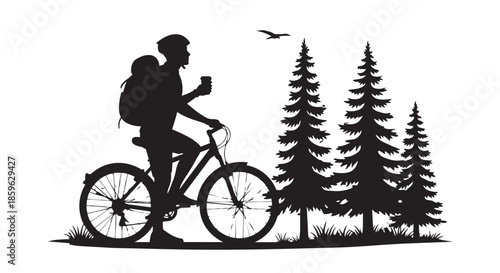 A lone cyclist takes a refreshing break amidst a serene pine forest with a bird flying overhead