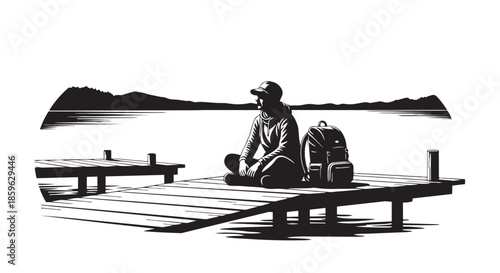 Solitary traveler sits on a peaceful lakeside dock, contemplating the tranquil water
