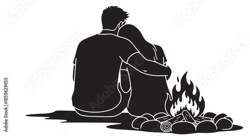 Couple embracing by a warm campfire at night, sharing a moment of romantic solitude