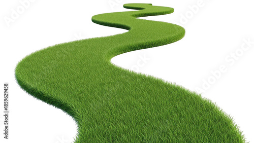 Winding grassy path on transparent background snaking road or walkway covered in lush green lawn 3d render