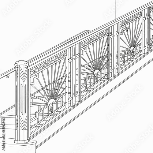 Decorative Art Deco balcony railing with repeating fan motifs
