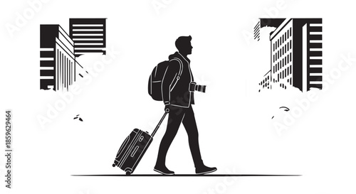 An urban explorer with a backpack and camera navigating the cityscape with a rolling suitcase