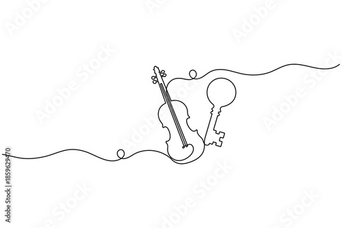 Violin and Musical Key Continuous One Line Art Success Concept