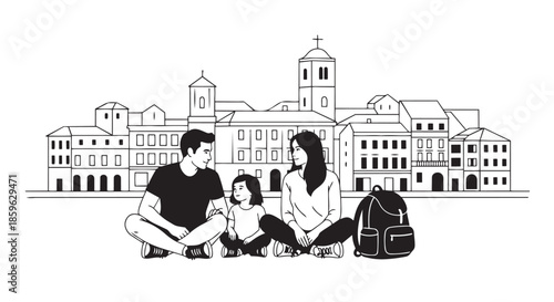A loving family relaxes together during a scenic city exploration, framed by historic architecture