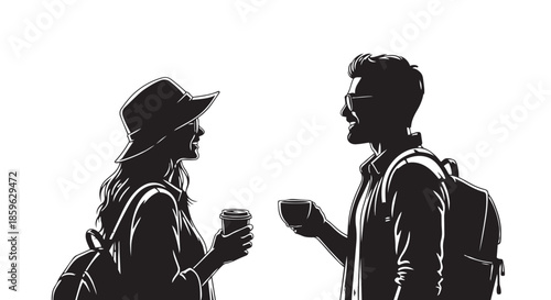 Two travelers enjoying a coffee break and a friendly conversation on their journey
