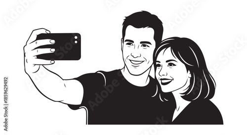 A young couple happily taking a selfie together with a smartphone