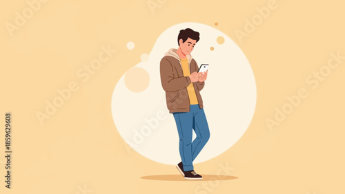 Young man engrossed in his smartphone while standing outdoors with a casual outfit and relaxed
