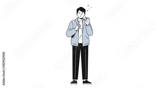 Young man enjoying a drink while using his smartphone in casual attire isolated on white background