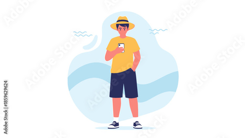 Young man enjoying a day at the beach using a smartphone with relaxing background elements