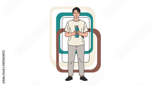 Young man holding a dumbbell with modern abstract background illustration