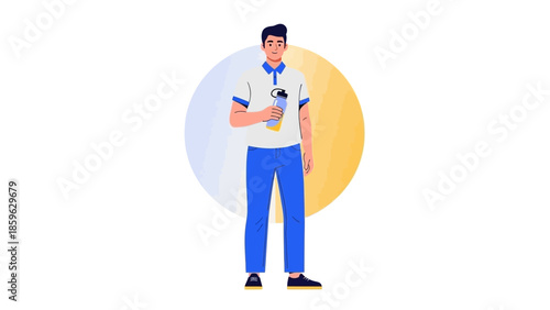 Young man holding a microphone with a friendly expression in a colorful background