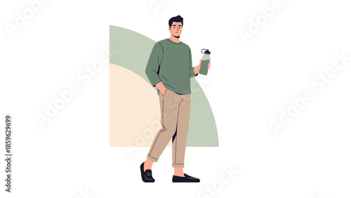 Young man holding a water bottle and casually dressed standing against abstract background
