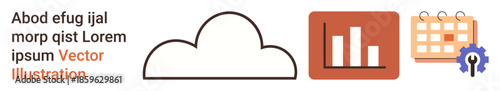 Cloud computing, data analytics, scheduling, workflow management, IT solutions, business organization. Central cloud with bar chart, calendar and cogwheel icon. Cloud computing and data analytics